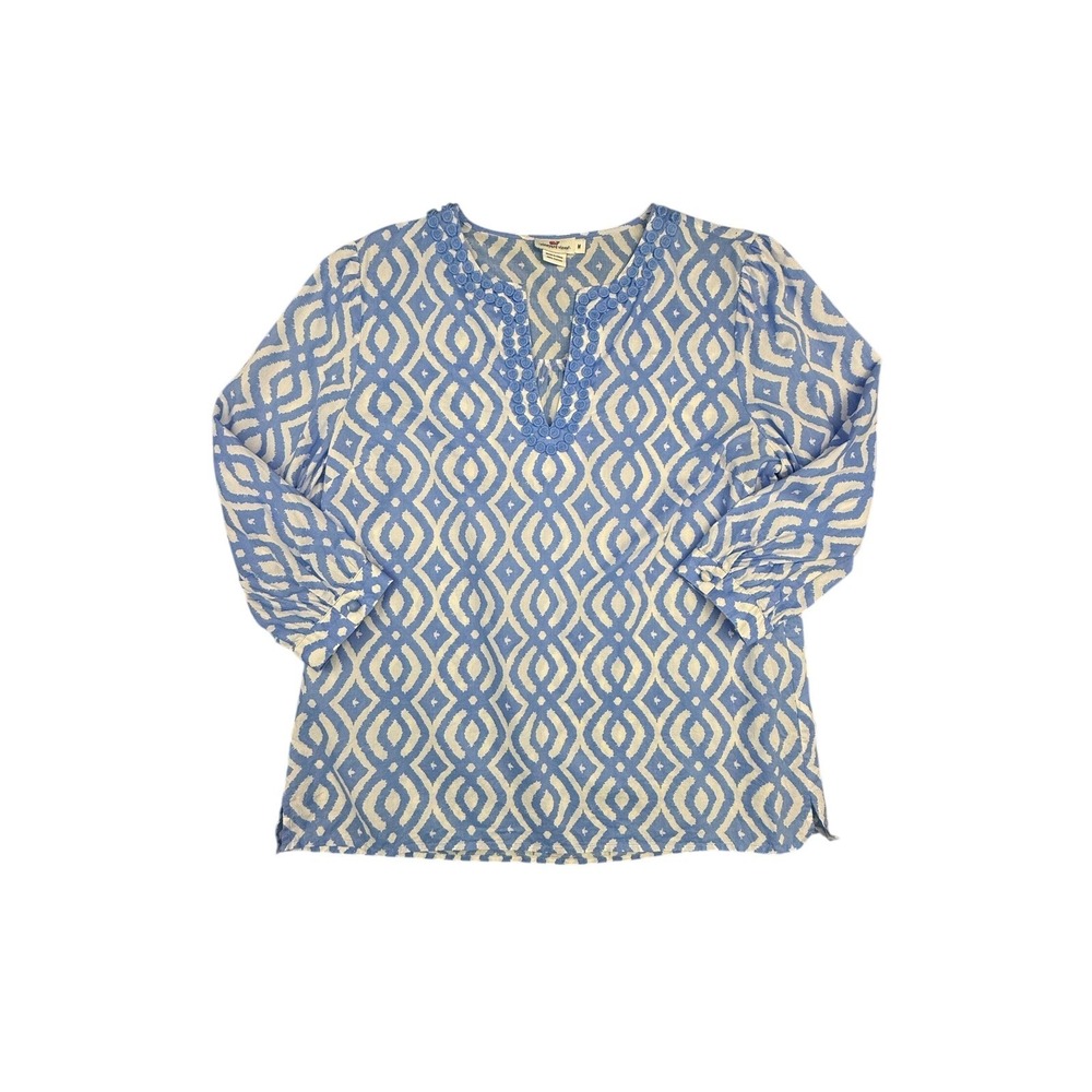 Vineyard‎ Vines Blouse Womens Medium Three Quarter Sleeve Blue Geometric Cotton